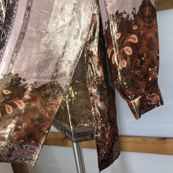 ETRO Metallic Silk Patterned Print Long Sleeve Side Slit Tunic Blouse Sz 44 ITA - Picture 5 of 16